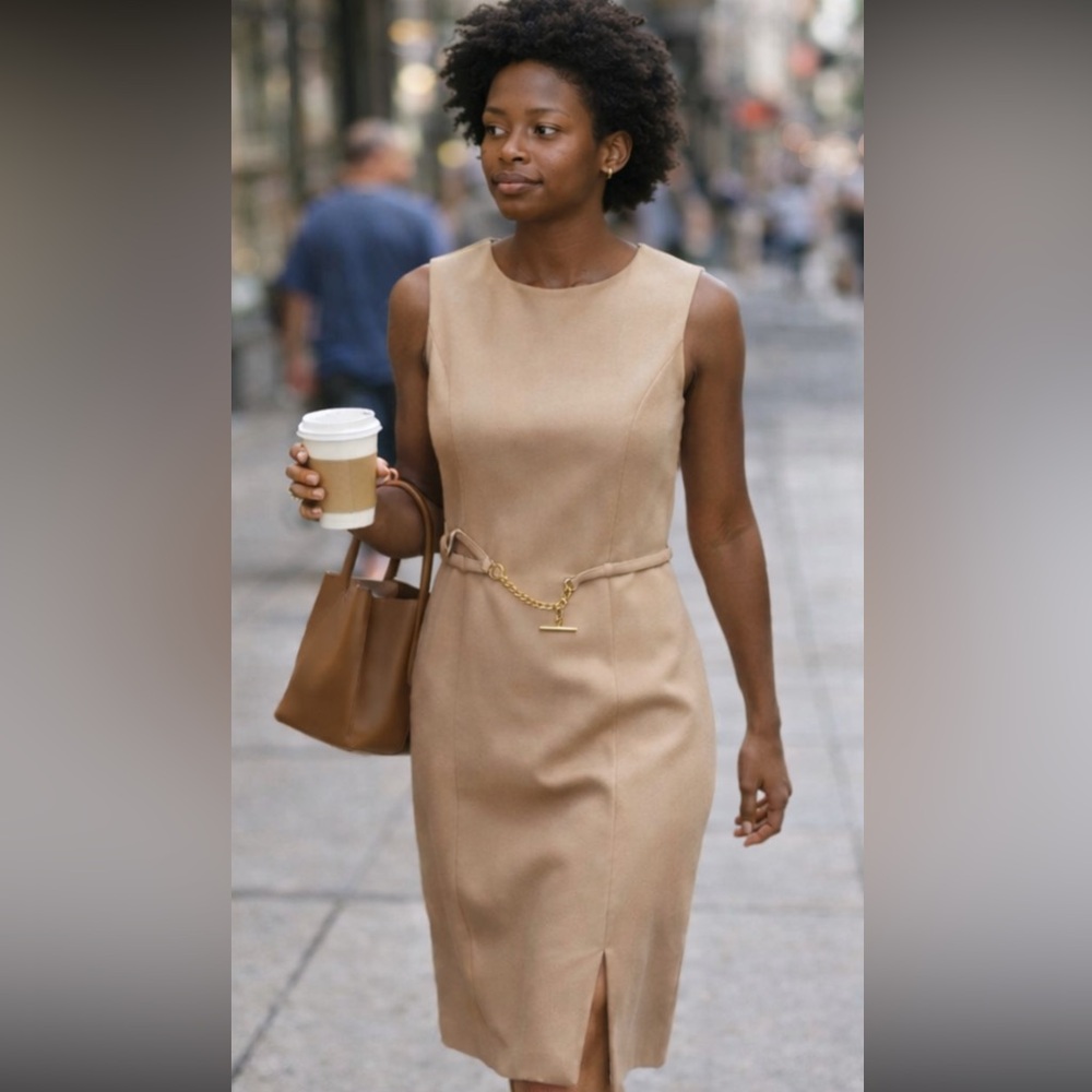 Oscar de la Renta Wool Chain Detail Sheath Dress in Warm Tan Sz 4 - Picture 4 of 15